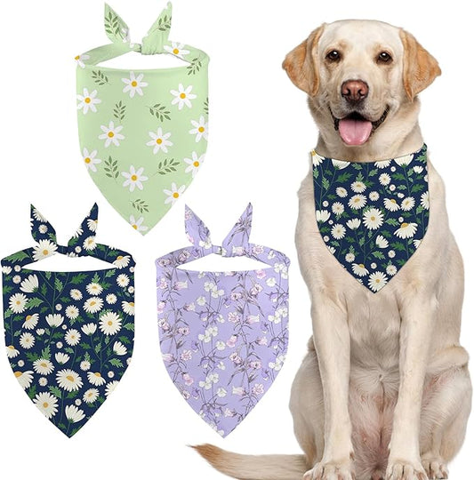 Yuboo Spring Floral Dog Bandanas 3 Pack, Colorful Green Blue Flower Dog Scarf for Boy and Girl, Adjustable Triangle Holiday Birthday Bandanas Scarf for Small Medium Cats Dogs Pets