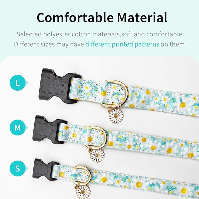Dog Collars with Buckle Adjustable for Cute Girl Female Boy Dogs,Special Soft and Fancy Dog Pet Collar with Flower Design for Small Medium Large Dogs (S, Cyan-Daisy)