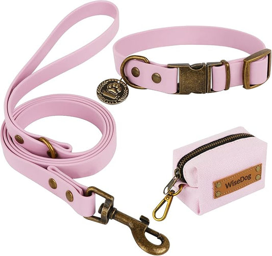 Wisedog Dog Collar and Leash Set Combo: Adjustable Durable Pet Collars with Dog Leashes for Small Medium Large Dogs,Includes One Bonus of Poop Bag Holder (L, Pale Pinkish Purple)