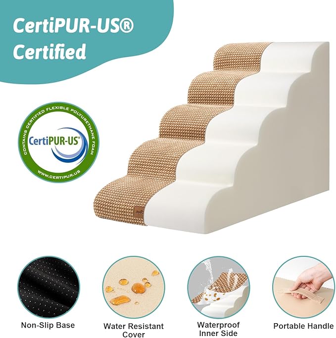 Dog Stairs for High Bed 22.6" H, Small Dog Step for Puppy, Older or Cat, Curved Ramp for Car, Ladder with High Density Foam, Lightweight, Durable, 15.7x33x22.6 inch, 5 Step, Light Brown