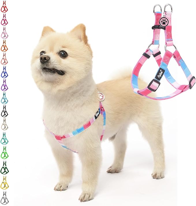 PUPTECK No Pull Dog Harness Soft Adjustable Basic Nylon Step in Puppy Vest Outdoor Walking with ID Tag, Striped Pink, M