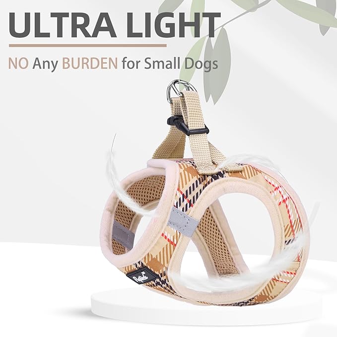 PUPTECK Dog Harness and Leash Set for Small Medium Dogs No Pull Step-in Soft Mesh Puppy Cat Vest Harnesses Reflective at Night, Plaid Pattern Beige S