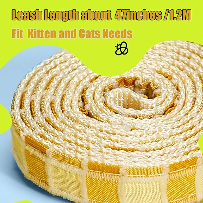Cat Harness & Leash Set, Cats Escape Proof - Adjustable Kitten Harness for Large Small Cats, Cute Bee Plaid Lightweight Soft Petsafe Harness (Blue Plaid Bee, S (for 3.0-6.5lb))