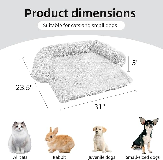 Calming Dog Bed Fluffy Plush Dog Mat for Furniture Protector with Removable Washable Cover for Large Medium Small Dogs and Cats (XS (31"x23.5"x5"), Light Grey)