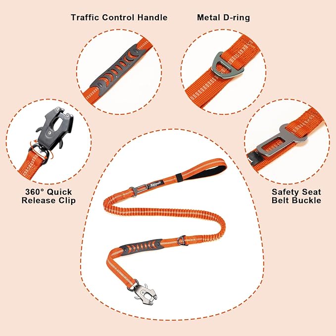 Raipult Heavy Duty Frog Clip Dog Leash, 4-6FT Strong Bungee Training Leash with 2 Handles, Highly Reflective Shock Absorbing Elastic Leashes with Car Seatbelt for Medium Large Dogs,Orange