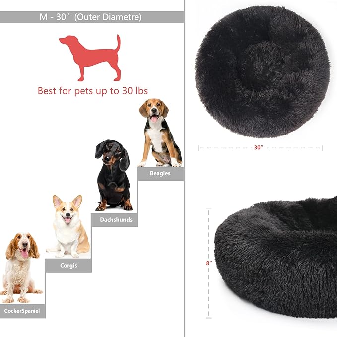 Round Dog Beds for Medium Dogs Fluffy and Soft Pet Bed Faux Fur fit 30lbs Puppy or Cats,30 Inches Black