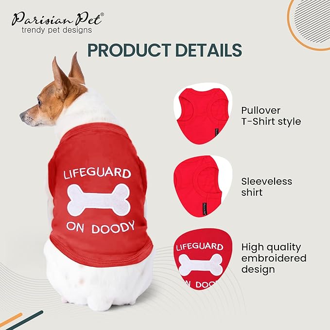 Parisian Pet Dog Tshirt - Embroidered “ Lifeguard on Doody “ Boy Dogs Apparel - Pure Cotton and Lightweight Dog Clothes - Red Doggy Tee Shirts - Machine Washable Shirt for Large Dogs - XL3