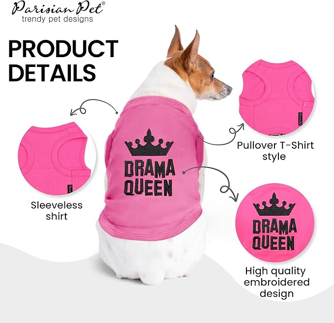 Parisian Pet Dog Tshirt - Embroidered “ Drama Queen “ Tank Top - Breathable and Lightweight Dog Clothes - Sleeveless Pink Tee Shirts - Machine Washable Shirts for Large Dogs Girl - L