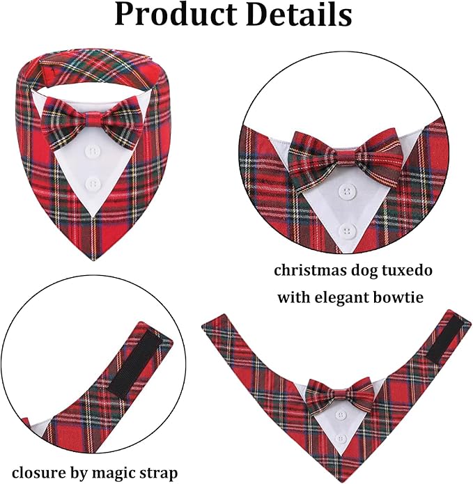 Adjustable Red Plaid Christmas Dog Tuxedo Bandana with Bow Tie - Holiday Pet Outfit Costume for Dogs XS to XL
