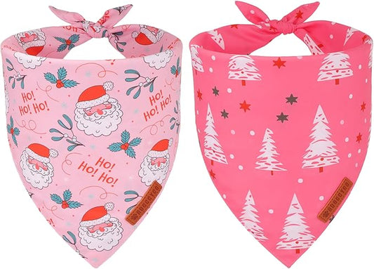 ADOGGYGO Pink Christmas Dog Bandana, Santa Xmas Tree Dog Scarf, Adjustable Fit Pink Pet Christmas Bandanas for Small Dogs Puppies (Small)
