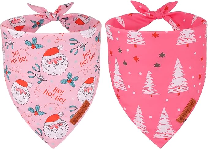 ADOGGYGO Pink Christmas Dog Bandana, Santa Xmas Tree Dog Scarf, Adjustable Fit Pink Pet Christmas Bandanas for Large and Extra Large Dogs (X-Large)