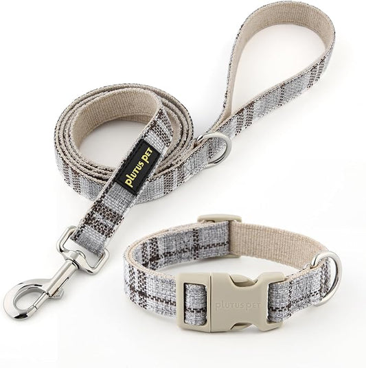 Plutus Pet Cotton Hemp Dog Collar and Leash Set, Adjustable Collar for Small, Medium, and Large Dogs, Heavy Duty and Soft on Skin, Gray Plaid, XS