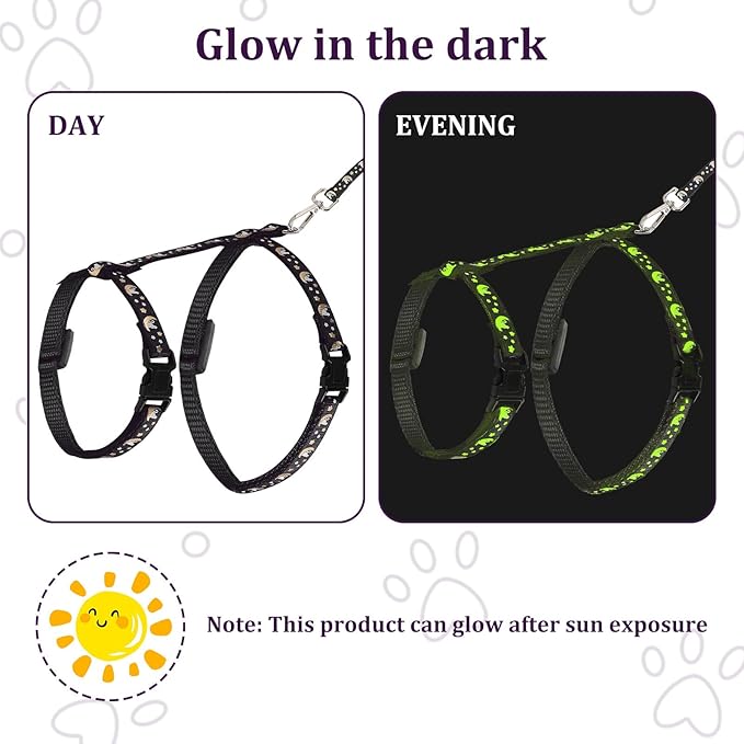2 Pack Adjustable Cat Harness with Collar Set, Escape Proof Harness Comfortable Soft Neck Release Harnesses Glow in The Dark for Small Medium Cats