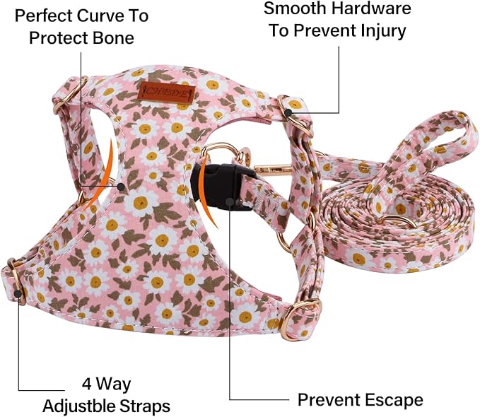 CHEDE No Pull Floral Pattern Dog Harness- Lightweight, Soft, Adjustable Small Harness and Leash Set, Suitable for Puppy Small and Medium-Sized Dog (S, Pink Daisy)