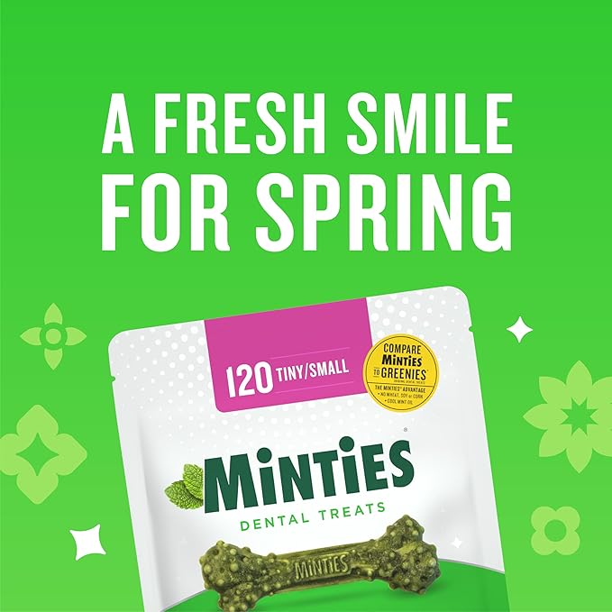 Minties Dental Chews for Dogs, 80 Count, Vet-Recommended Mint-Flavored Treats for Tiny/Small Dogs 5-24 lbs, Dental Bones Clean Teeth, Fight Bad Breath, and Removes Plaque and Tartar