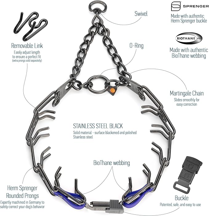 Herm Sprenger Black Stainless Steel Dog Collar with Quick Release ClicLock Buckle and Biothane Insert Training Collar Made in Germany (Blueberry Royal, 25in x 4.0mm(Neck Size up to21-22in))
