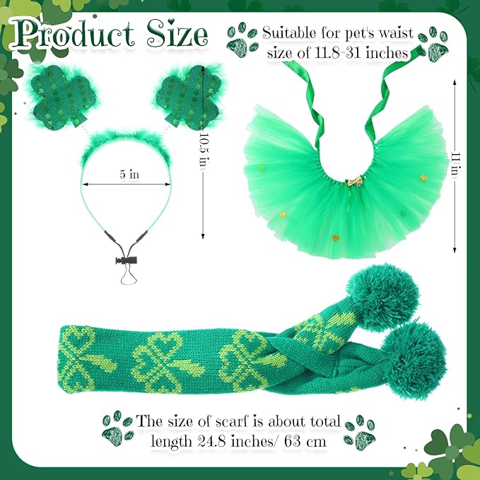 3 Pcs St Patrick's Day Dog Costume Set Including Sequins Shamrock Headband St. Patrick's Day Dog Tutu Dress Cute Pet Tutu Green Irish Pet Scarf for Medium Dogs Holiday Outfit Accessory