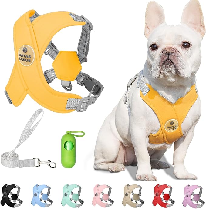 Patas Lague Dog Harness with Leash Set Adjustable Soft Padded Step-in Dog Vest No Choke No Pull Reflective for Medium Pets with Poop Bags and Dispenser, Solid and No-chew, Yellow L