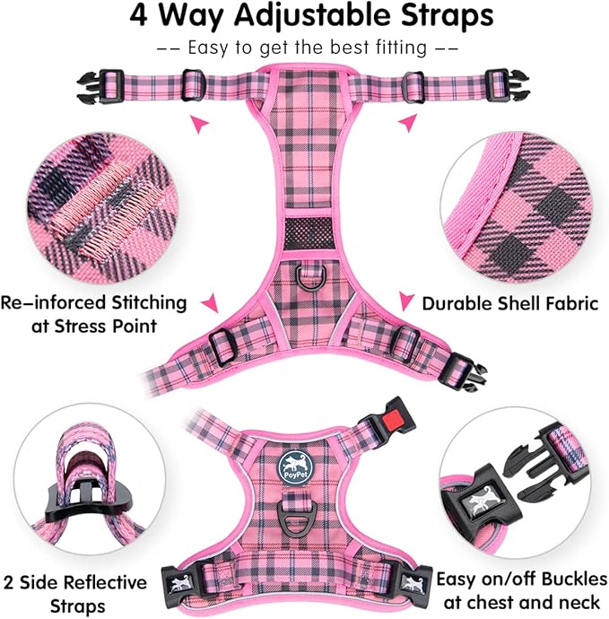 PoyPet No Pull Dog Harness, [Release at Neck] Reflective Adjustable No Choke Pet Vest with Front & Back 2 Leash Attachments, Soft Control Training Handle for Small Dogs(Checkered Pink,XS)