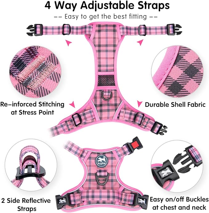 PoyPet No Pull Dog Harness, Reflective Adjustable No Choke Pet Vest with Front & Back 2 Leash Attachments, Soft Control Training Handle for Small Medium Large Dogs(Checkered Pink,S)