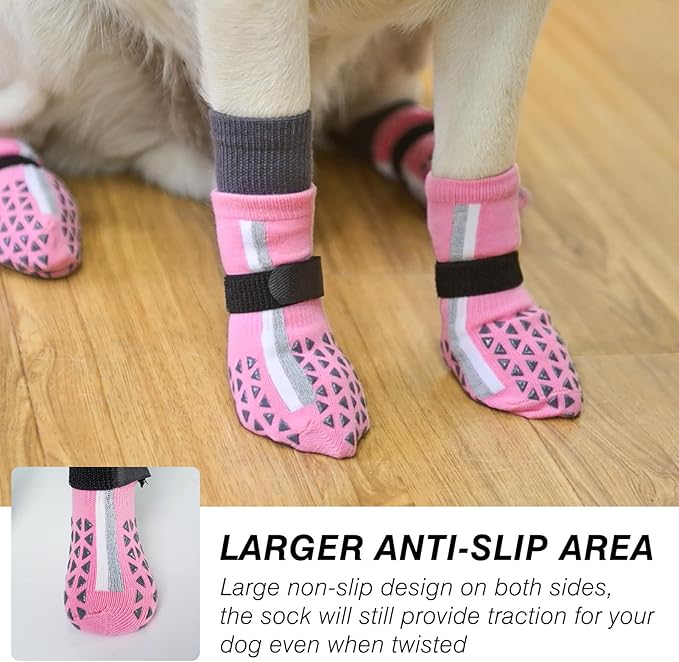 SCENEREAL Anti Slip Dog Socks for Hot Pavement to Prevent Licking Paws, Long Sporty Style Reflective Dog Grip Socks for Hardwood Floors, Dog Shoes Booties&Paw Protector for Large Senior Dog, Pink XL