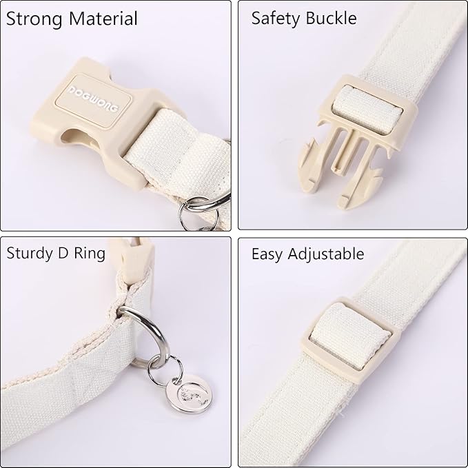 DOGWONG Cotton Hemp Dog Collar, Heavy-Duty Adjustable Soft Natural Fabric Pet Collar - Cute Wedding Puppy Necklace for Small to Large Dogs
