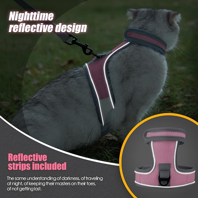 Cat Harness and Leash Set, Escape Proof Adjustable Kittens Vest with Reflective Strip, Easy to Wear for Cats Walking and Traveling, Soft Mesh Kitten Harness for Small Medium Large Cats