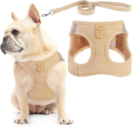 PUPTECK Dog Harness and Leash Set for Small Medium Dogs No Pull Step-in Soft Mesh Puppy Cat Vest Harnesses Reflective at Night, Denim Burlywood M