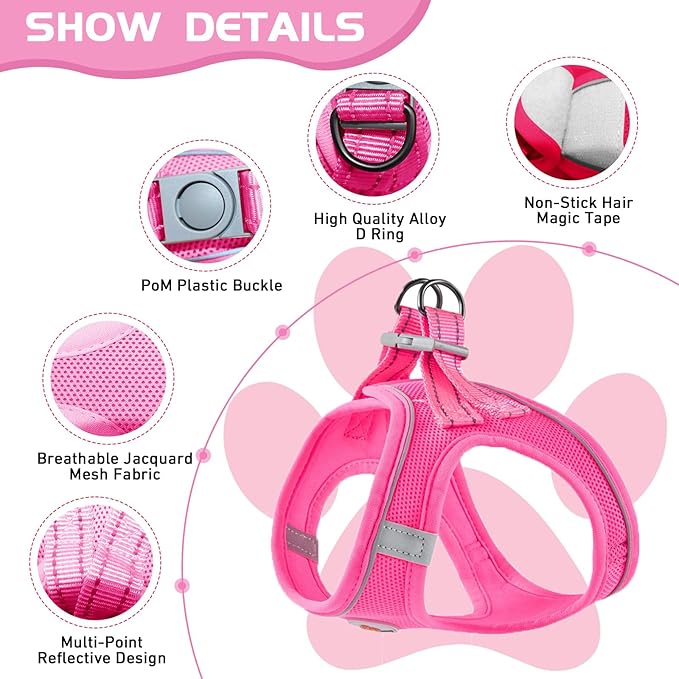 Soft Mesh Dog Harness and Leash Set, No Pull Puppy Harness and Leash Set, Reflective Step in Harness for Small Medium Dogs, Easy Walk Escape Proof Vest Harnesses (Rose Red, L)