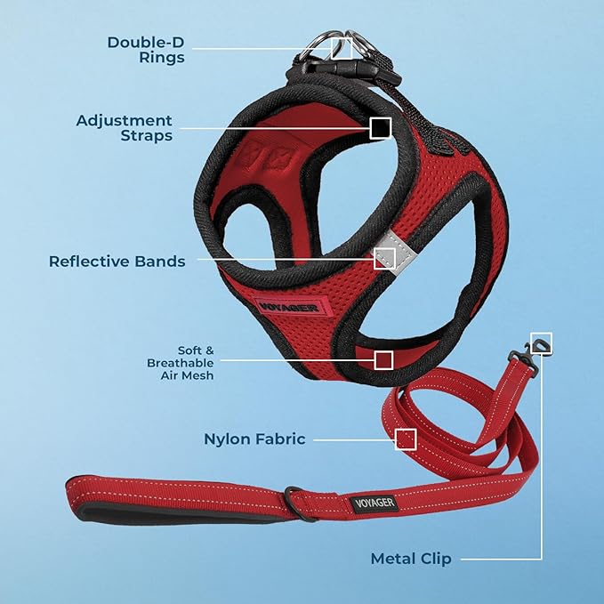 Voyager Step-in Air All Weather Mesh Harness and Reflective Dog 5 ft Leash Combo with Neoprene Handle, for Small, Medium and Large Breed Puppies by Best Pet Supplies - Red/Black Trim, XX-Small