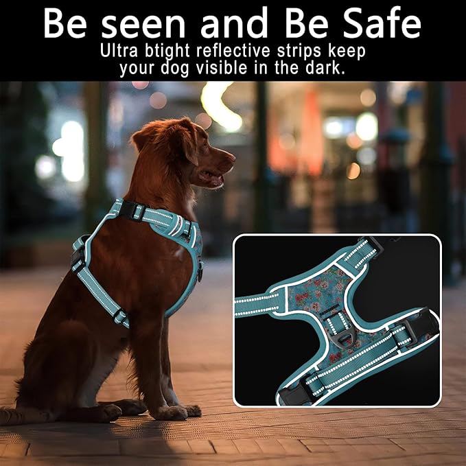 Timos No Pull Dog Harness,NO Need Go Over Dogs Head 3 Snap Buckles Reflective Oxford No Choke Puppy Harness with Front & Back 2 Metal Leash Clips Soft Padded for Small Medium Large Dogs