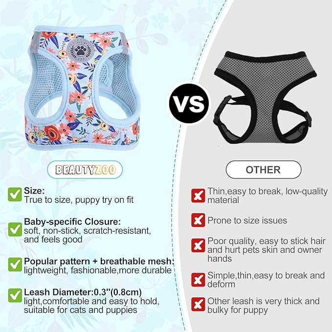 BEAUTYZOO Step in Dog Harness and Leash Set,Floral Pattern Reflective Dog Harness No Pull No Choke Puppy Harness for Small Medium Large Dogs Cats,Soft Padded Mesh Vest Harnesses for Girl and Boy Pets