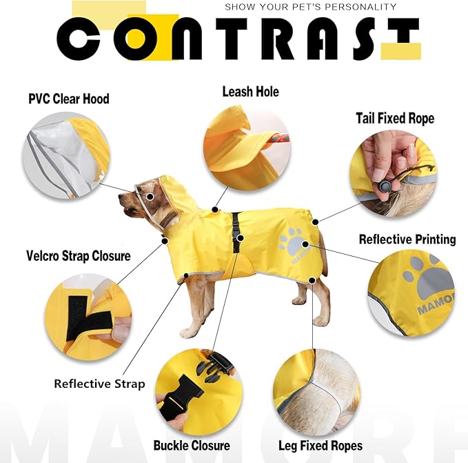 MAMORE Dog Raincoat Hooded Rain Jacket for Small Medium Large Dogs Slicker Poncho Bottom Waterproof Adjustable Reflective Breathable Leash Hole (Yellow, Large)