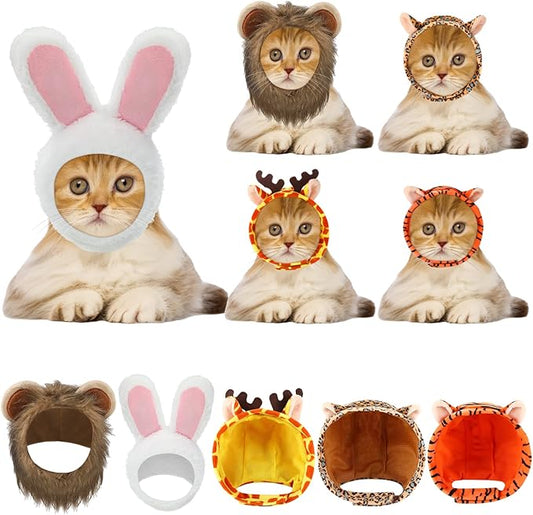 Weewooday 5 Pcs Cat Adorable Costume Bunny Hat with Ears Funny Mane Cat Hat for Pets and Small Dogs Kitten Puppy Party Costume Accessory Headwear(Rabbit, Lion, Leopard, Tiger, Giraffe)