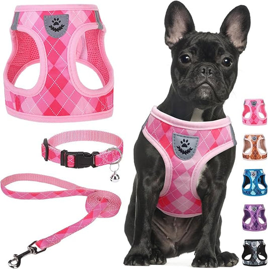 SCENEREAL Dog Harness Collar and Leash Set, Step-in No Pull Pet Vest Harnesses for Small Medium Dogs Puppy Cats, Soft Mesh No-Chock Reflective Vest Harness for Outdoor Walking Running, Pink Plaid M