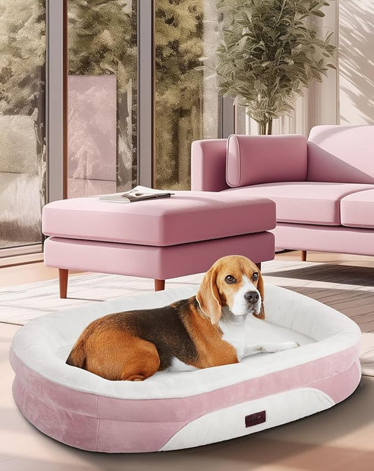 OhGeni Orthopedic Dog Couch Large Sized Pet Beds for Fathers Gifts with Comfort Foam Support, Soft Indestructible Fabric, Machine Washable Waterproof Removable Cover, 35-Inch (Pink)