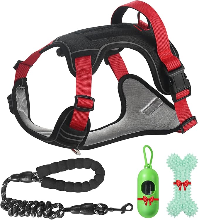 Dog Harness Adjustable Reflective Easy Control for Medium/Large Dog Harness with A Free Heavy Duty 5ft Dog Leash (L (Neck: 18,5"-25", Chest: 21"-27.9")(red, Large)