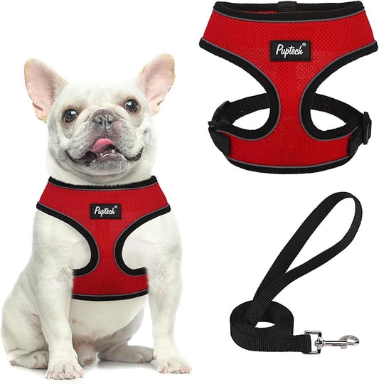 PUPTECK Soft Mesh Dog Harness and Leash Set Pet Puppy Cat Comfort Padded Vest No Pull Harnesses, Solid Red, S
