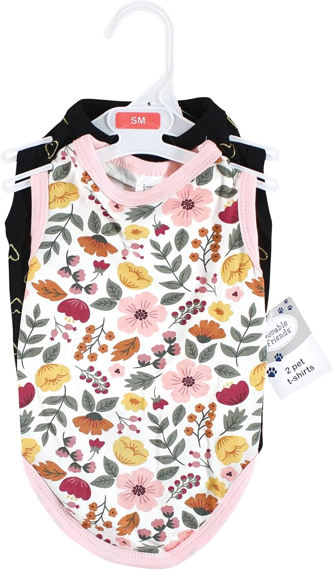 Luvable Friends Dog Pet Dog and Cats Cotton T-Shirts 2pk, Botanical Heart, X-Small
