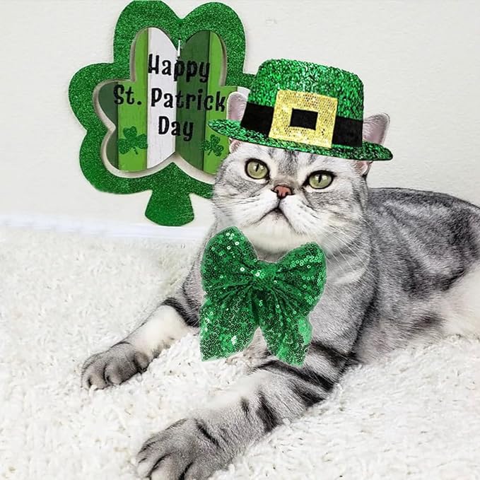 Dog St. Patrick's Day Costume, St Patricks Day Pet Outfit Green Shamrock Hat Bow Tie Collar for Small Medium Large Dogs (Green Buckle)