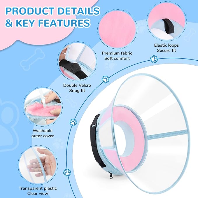 Sponge Core Dog Cone, Inflatable Dog Cone Collar Alternative, Dogs Donut Collar After Surgery, Soft Cone for Large Medium Small Dogs to Stop Licking, No Inflation Required, Clear View(Size 5, Pink)