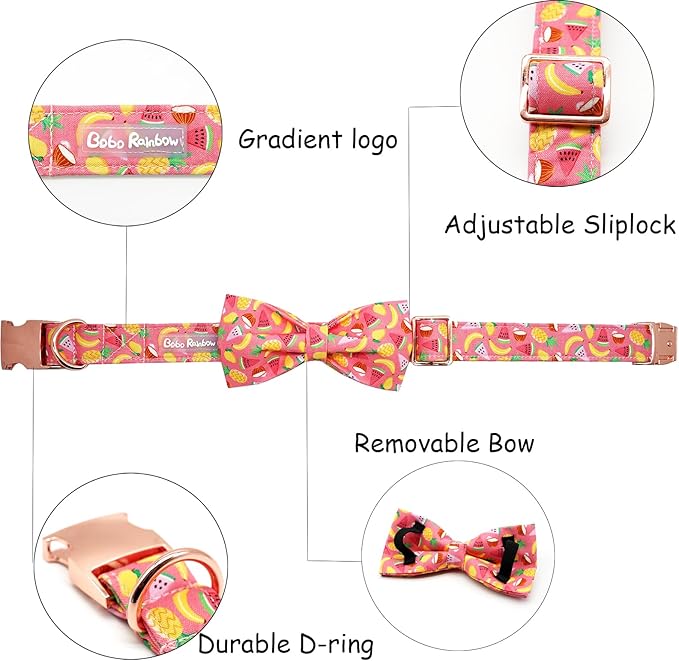 Dog Collar, Summer Fruit Print Adjustable Dog Bow Collar Girl or Boy Cotton Pet Collar Bowtie Duarble Cute Pet Collars for Small Medium Large Dog