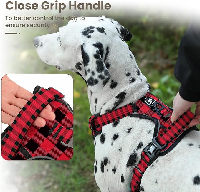 FURRYFECTION Plaid Dog Harness for Large Dogs | No Pull Reflective Pet Harness | No Choke Adjustable Dog Vest Harnesses | with Leash | Easy Control Handle | Front Lead | Seat Belt | Red&Black | XL