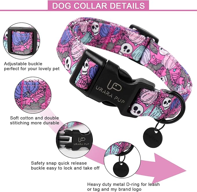 Halloween Dog Collar, Autumn Cotton Collar for Puppy Girl Dog or Cat, Halloween Themed Collar with Pumpkin,Ghost,Bat Pattern, Adorable& Lightweight Pet Collar,M