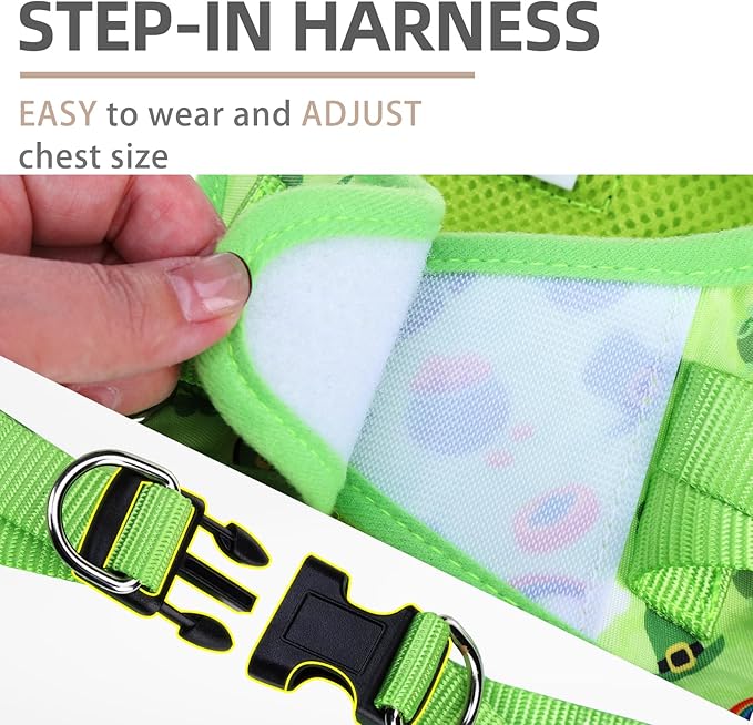 PUPTECK Dog Harness and Leash Set for Small Medium Dogs No Pull Step-in Soft Mesh Puppy Cat Vest Harnesses Reflective at Night, St. Patrick's Green, M