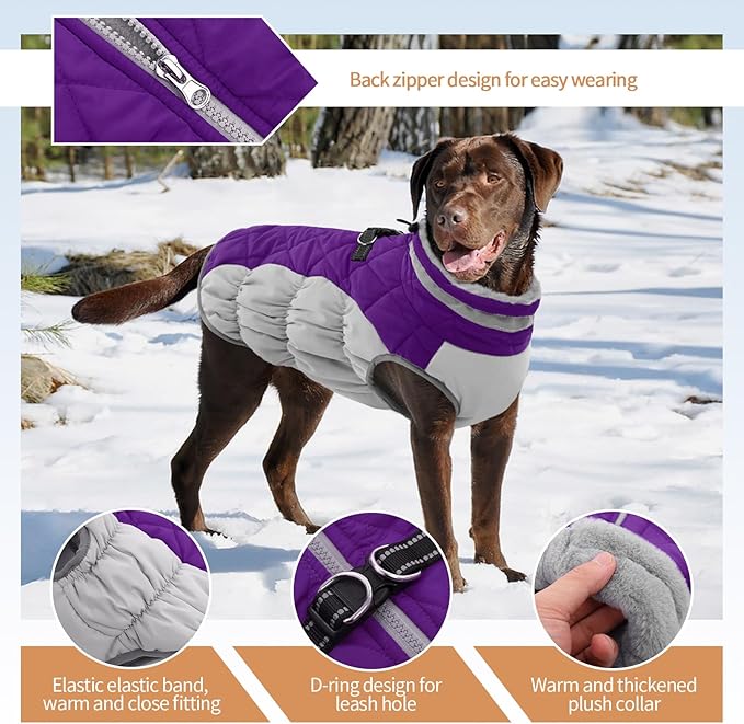 Winter Dog Coat,Large Dog Jacket,Waterproof Pet Jacket with Back Zipper,Pet Coat with Harness Built in,Warm Dogs Coat with Fleece Lined, Snow Jacket Clothes French Bulldog Shiba Inu,Purple,L