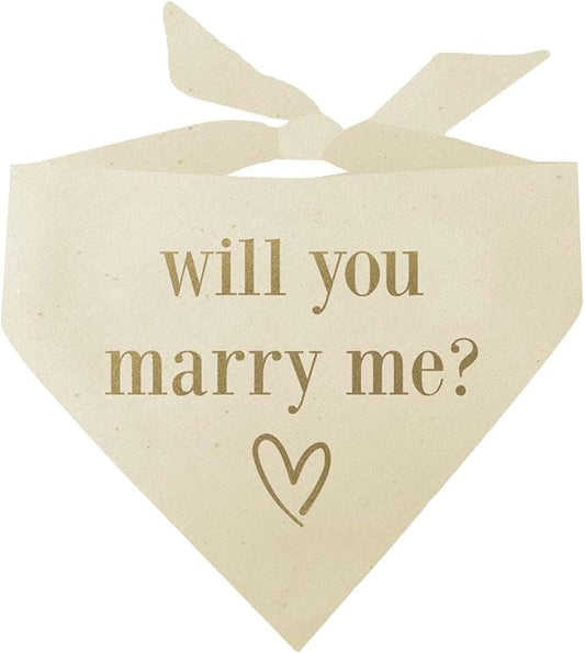 Will You Marry Me? Dog Bandana | 100% Unbleached Cotton Triangle | Made in USA | Wedding Photo Prop | Bridal Shower | Engagement Announcement | Metallic Gold Ink On Natural X-Small (614)