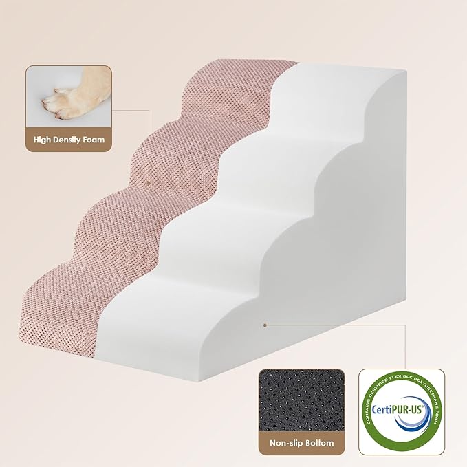 EHEYCIGA Curved Dog Stairs Ramp for Small Dogs 15.7" H, 3-Step Dog Steps for Couch Sofa and Chair, Pet Stairs for Cats, Non-Slip Balanced Pet Steps Indoor, Dusty Pink