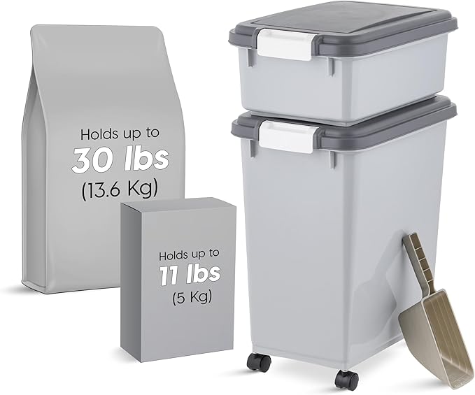 IRIS USA Dog Food Storage Container, 30 lbs & 11 lbs Combo, Cat Food Storage Container, Dog Treat Container, Airtight, Stackable, 2-Cup Scoop, Wheels, Easy Mobility, Gray