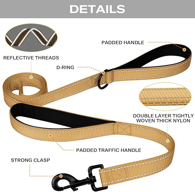 Joytale Dog Leash Heavy Duty for Large Dogs That Pull, Double Handle for Traffic Control, Double-Sided Reflective Leashes for Large Medium Dogs Night Safety, 6FT, Khaki